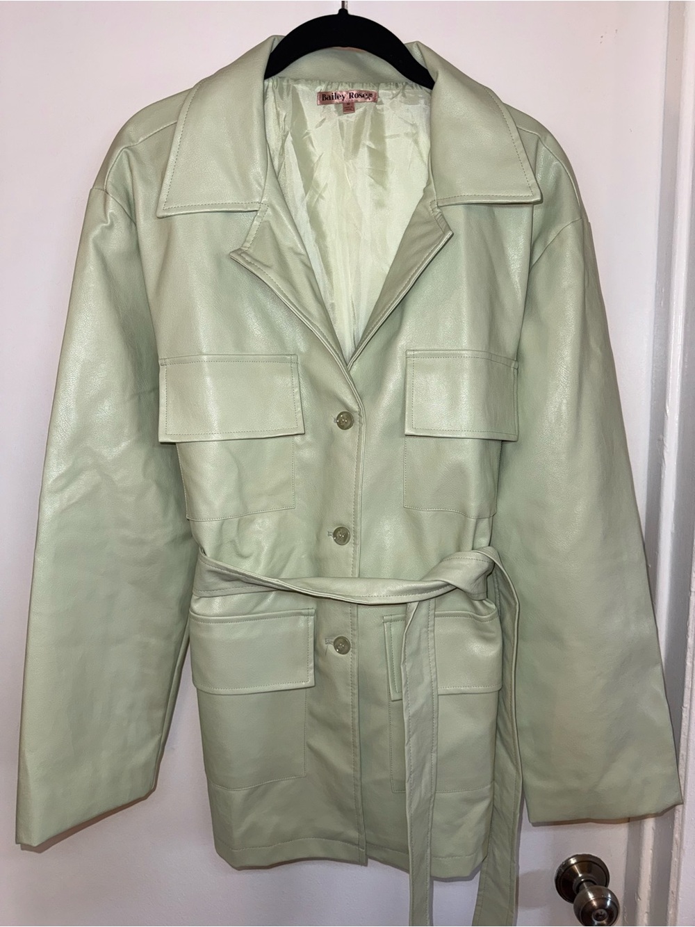 Bailey Rose mint Green Faux Leather Belted Utility Jacket Size M Y2K